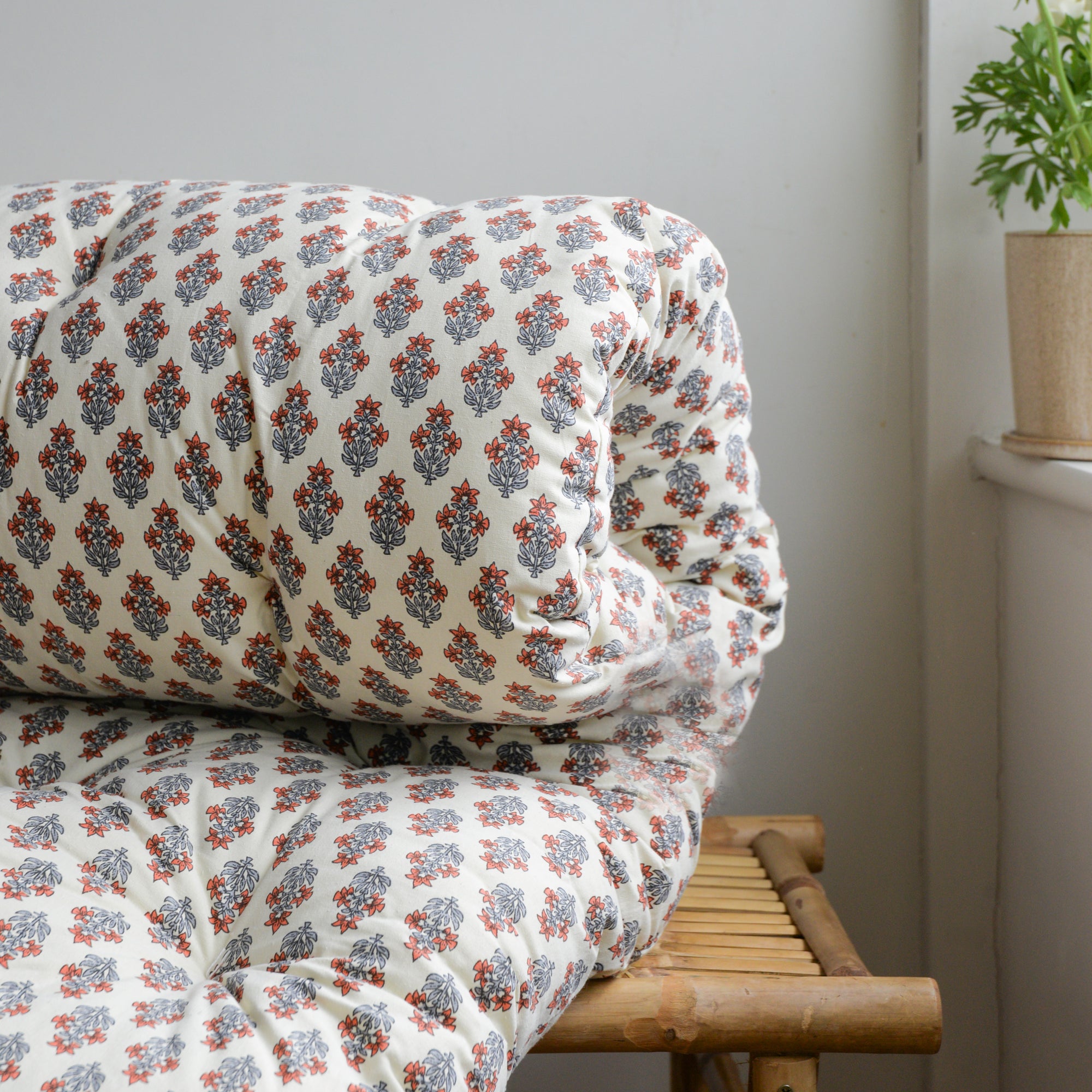 Kamala Floral Cushion in Cream and Blue Cotton