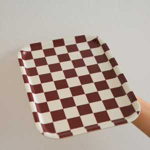 Checkered Rectangular Serving Tray / Burgandy