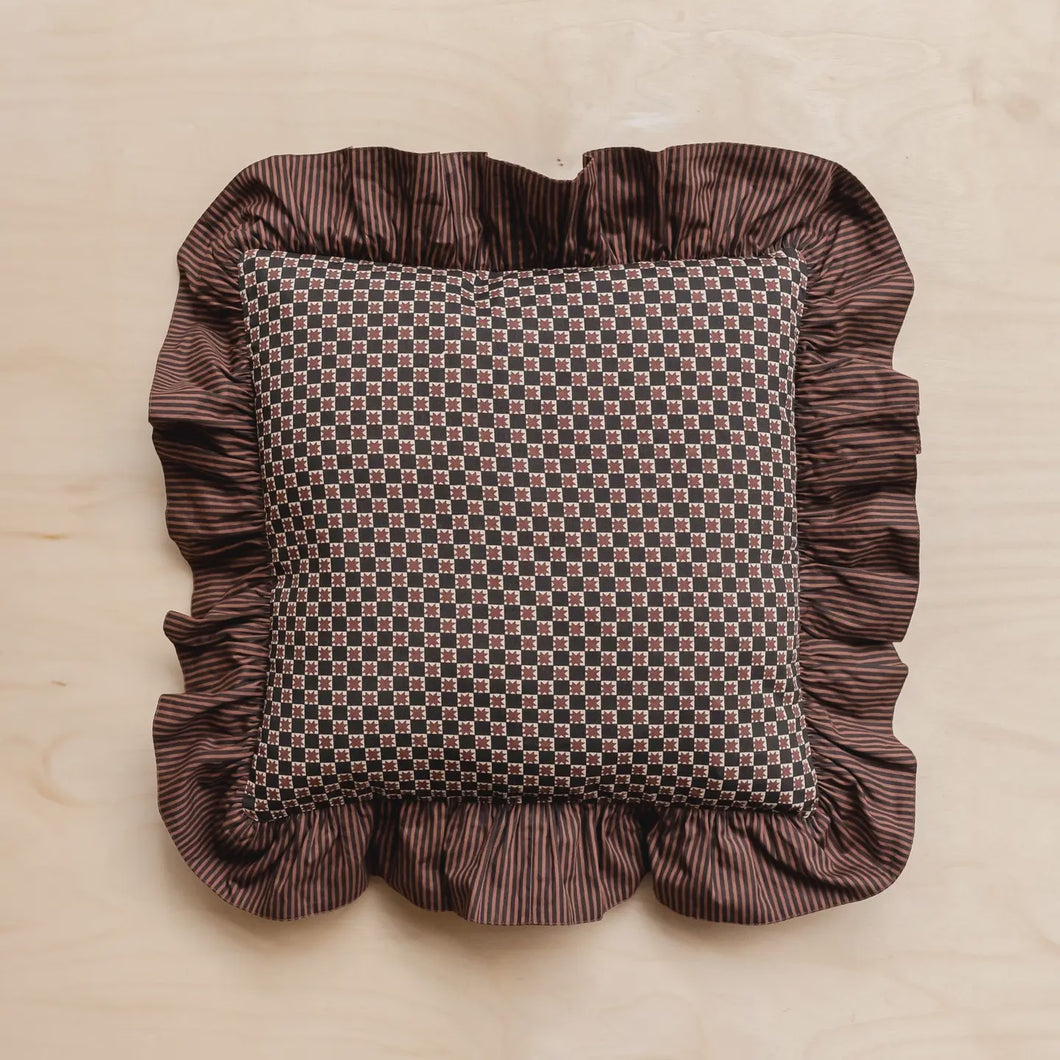 Cotton Ruffle Cushion / Brown Celestial Stripe