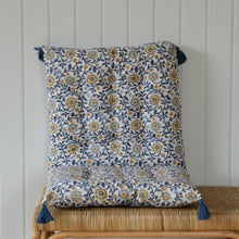 Load image into Gallery viewer, Roja Floral Chair Pad or Bench Cushion / Indigo Blue