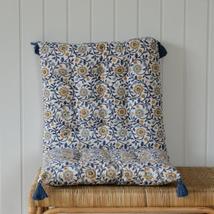 Roja Floral Chair Pad or Bench Cushion / Indigo Blue