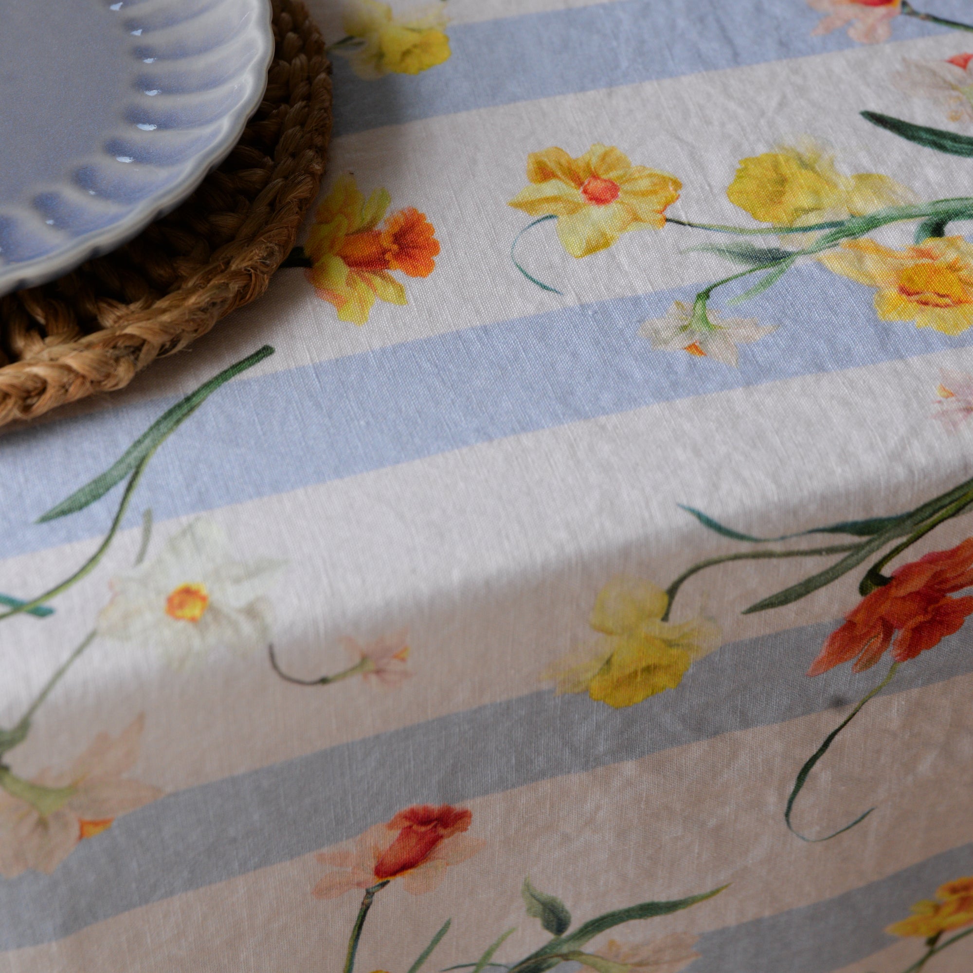 Daffodil Blue Stripe Linen Tablecloth
