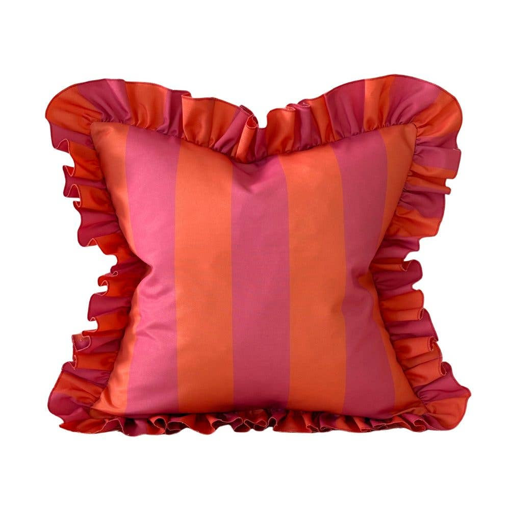 Outdoor Pink &amp; Orange Striped Ruffle Cushion Cover