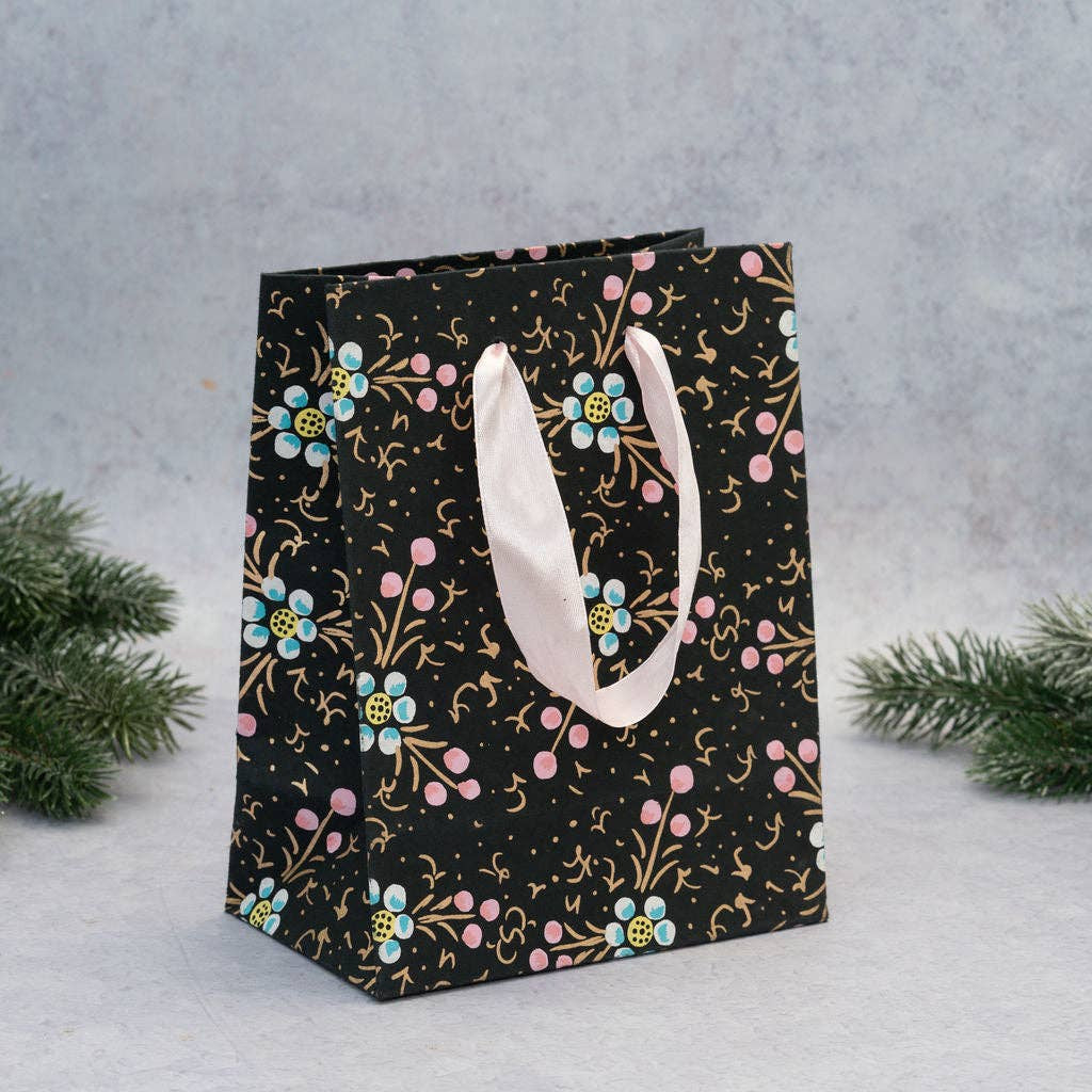 Black Indian Floral Paper Gift Bag - Small