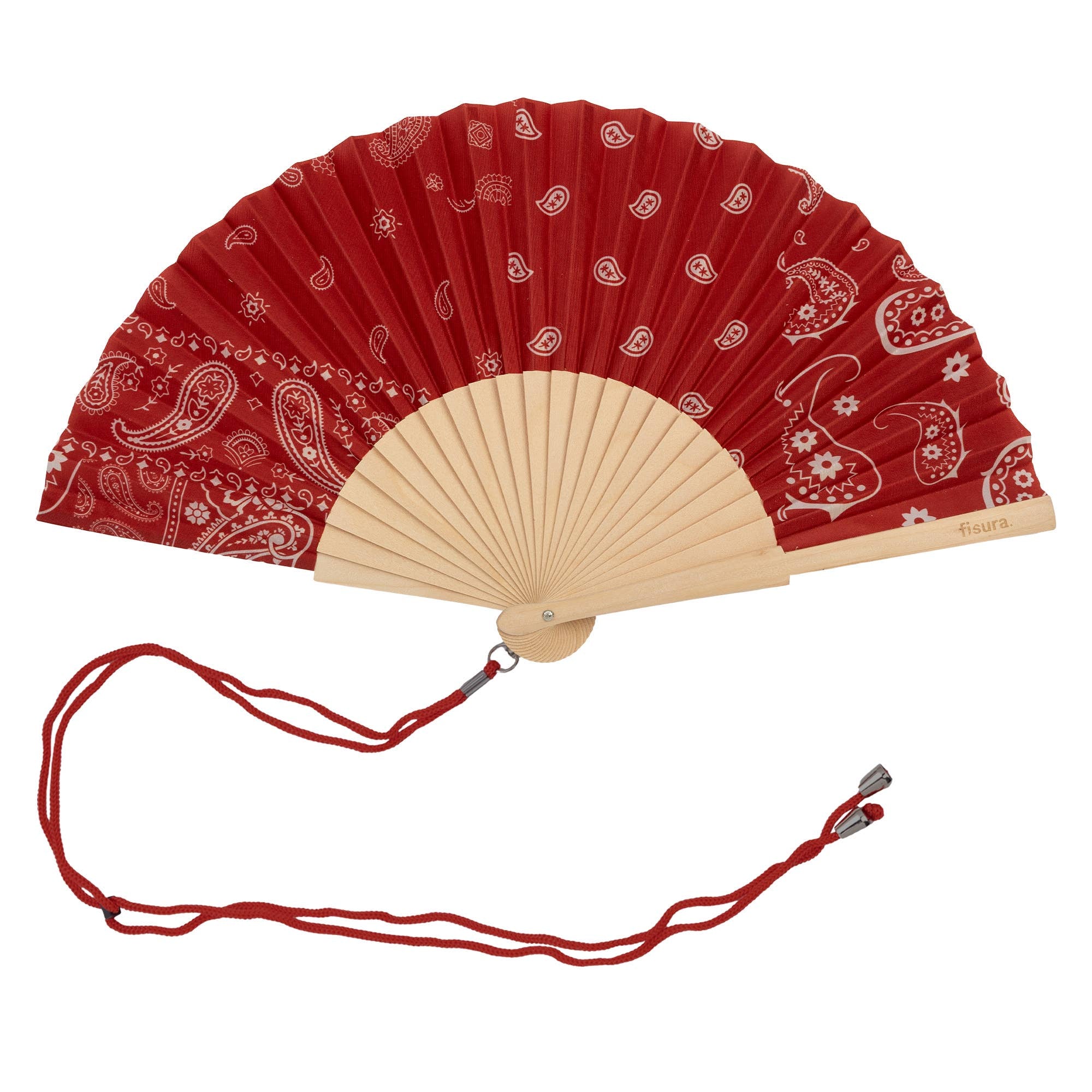 Garnet Paisley Print Wooden Hand Fan
