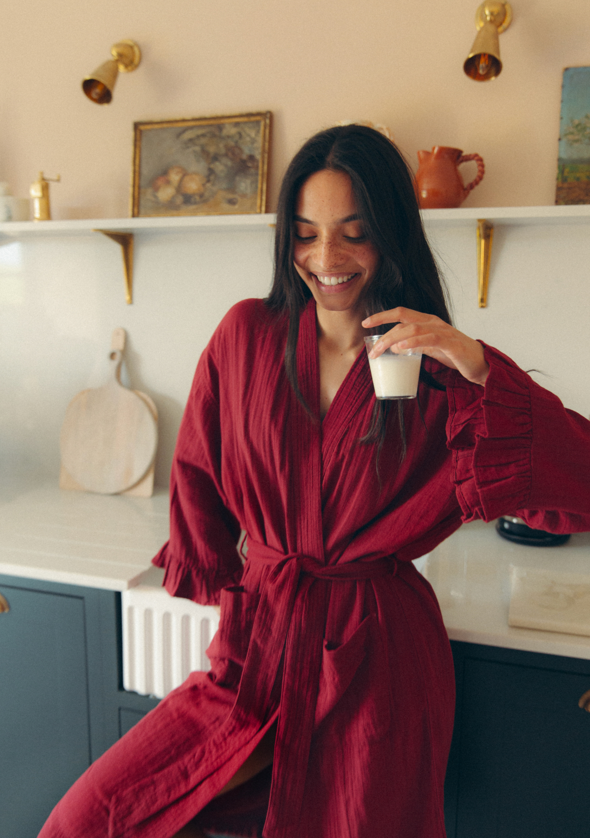 Cotton Robe in Deep Red Ruffle: M / L