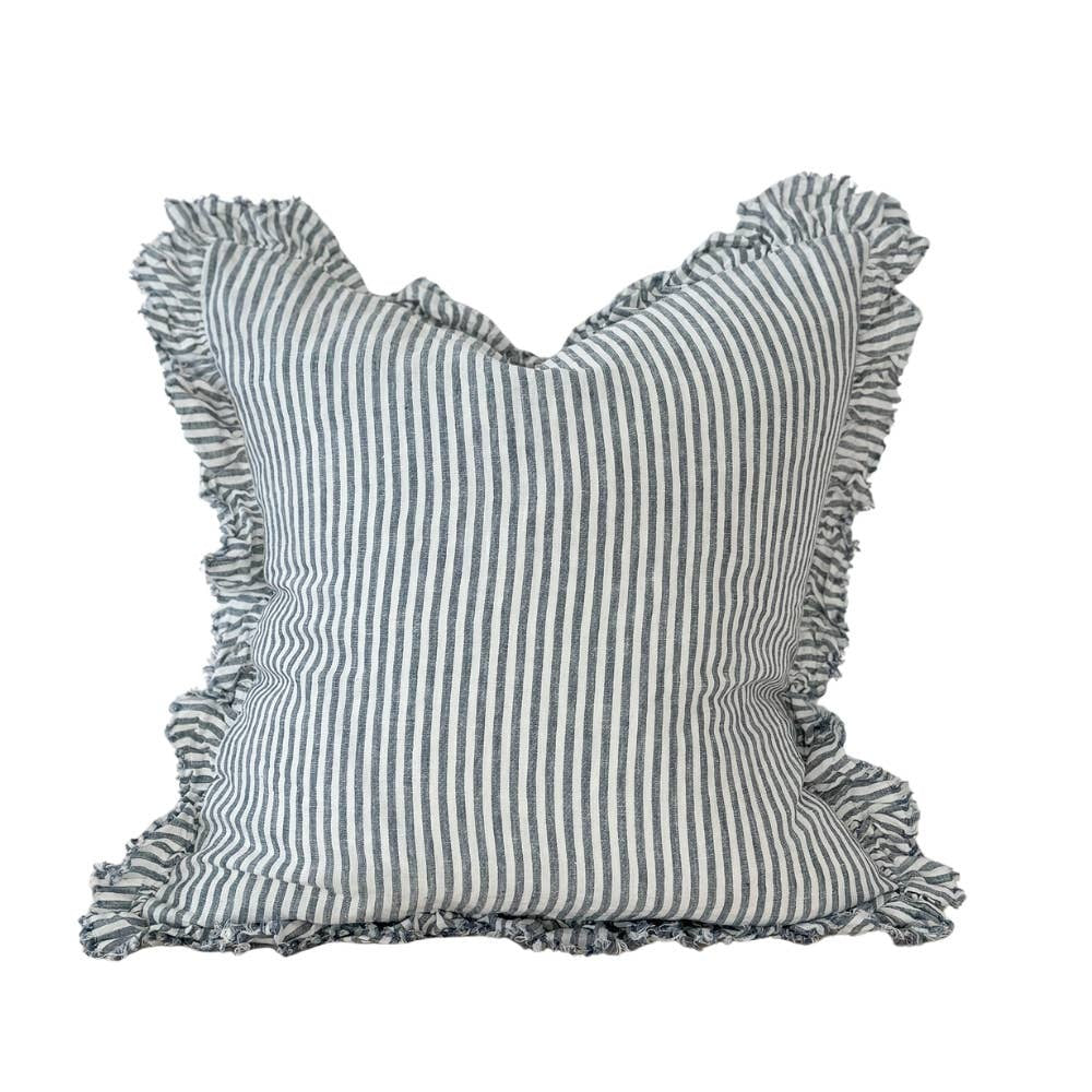 Hallie Ruffled Linen Cushion Cover – Navy Stripe: 45 x 45 cm