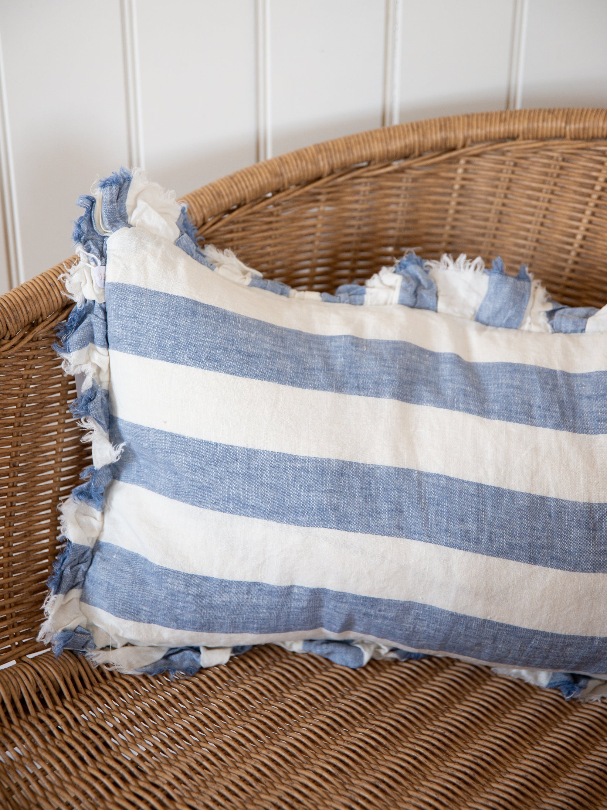 Linen Ruffle Cushion Cover / Blue Wide Stripe / 50 x 30 cm