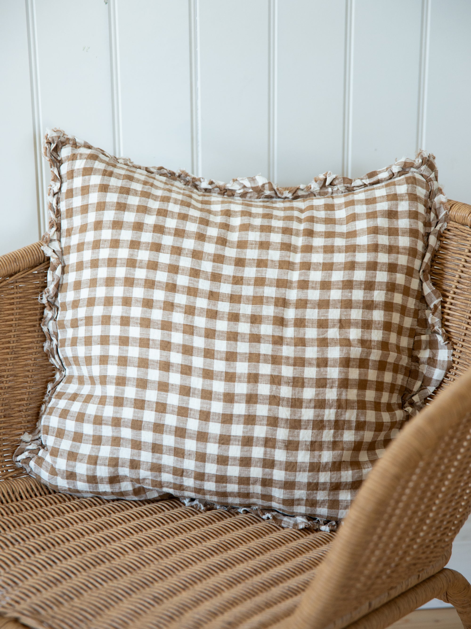 Linen Ruffe Cushion Cover / Brown Gingham / 45 x 45 cm