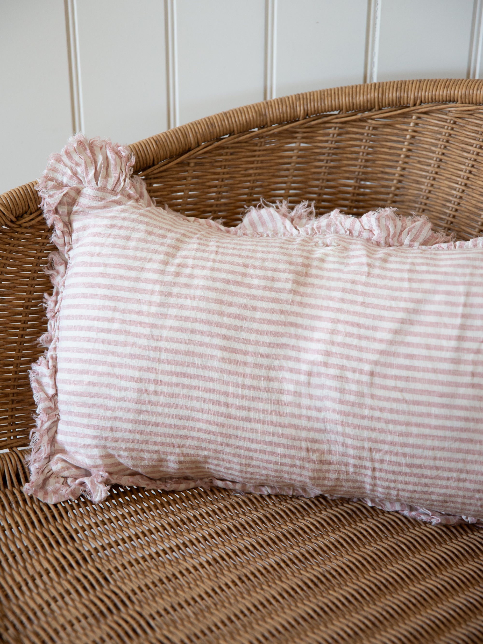 Linen Ruffle Cushion Cover / Pink Stripe / 50 x 30  cm