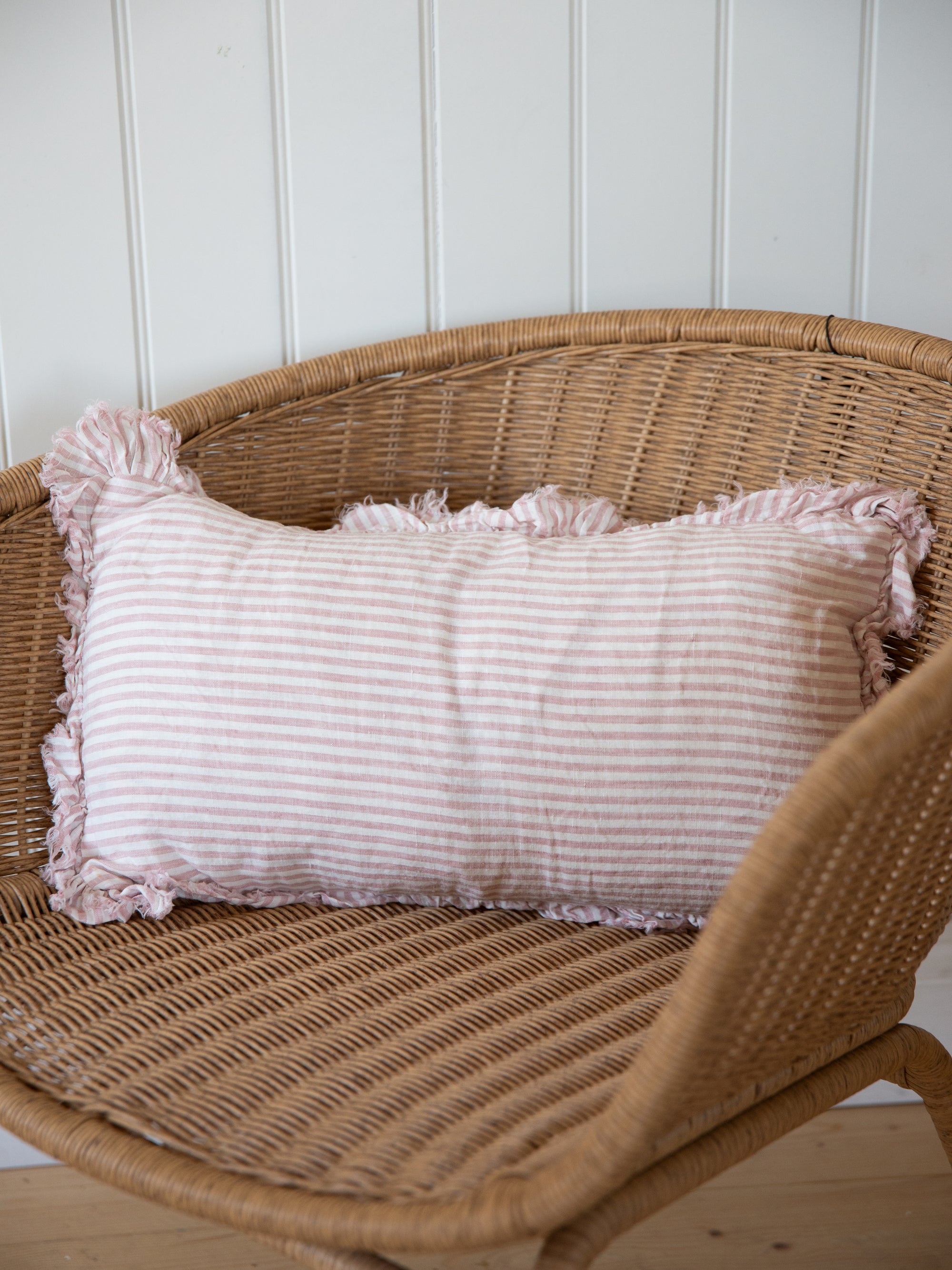 Linen Ruffle Cushion Cover / Pink Stripe / 50 x 30  cm