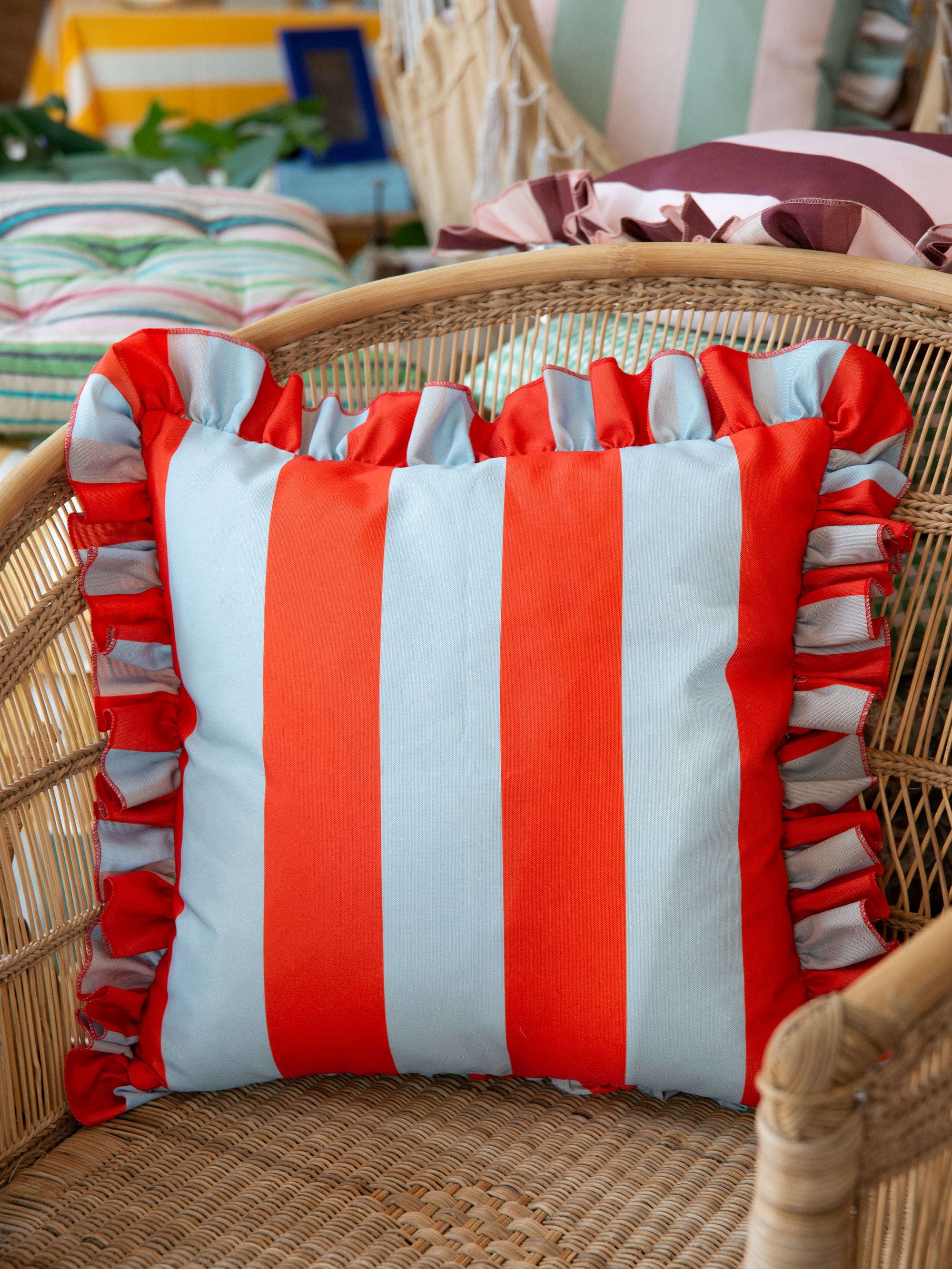 Outdoor Ruffle Striped Cushion Cover / Blue &amp; Red / 45 x 45 cm