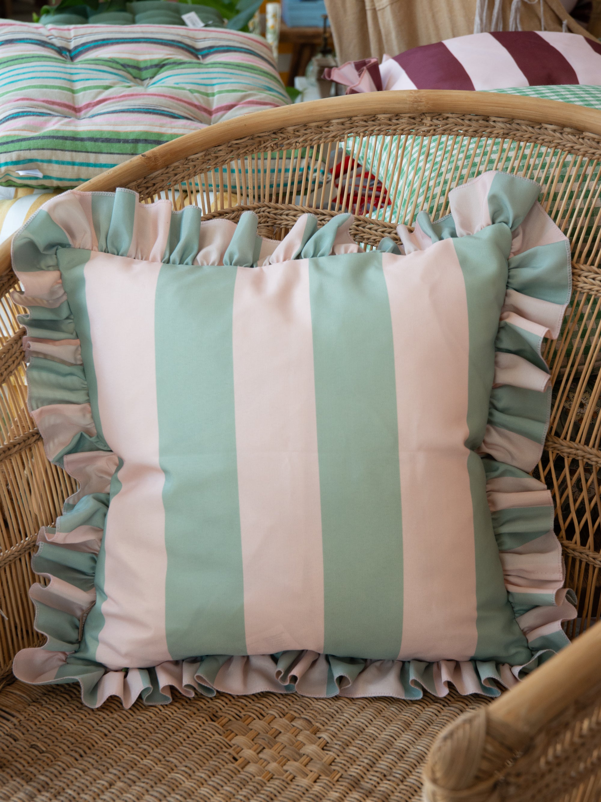 Outdoor  Striped Ruffle Cushion Cover / Green &amp; Pink / 45 x 45 cm