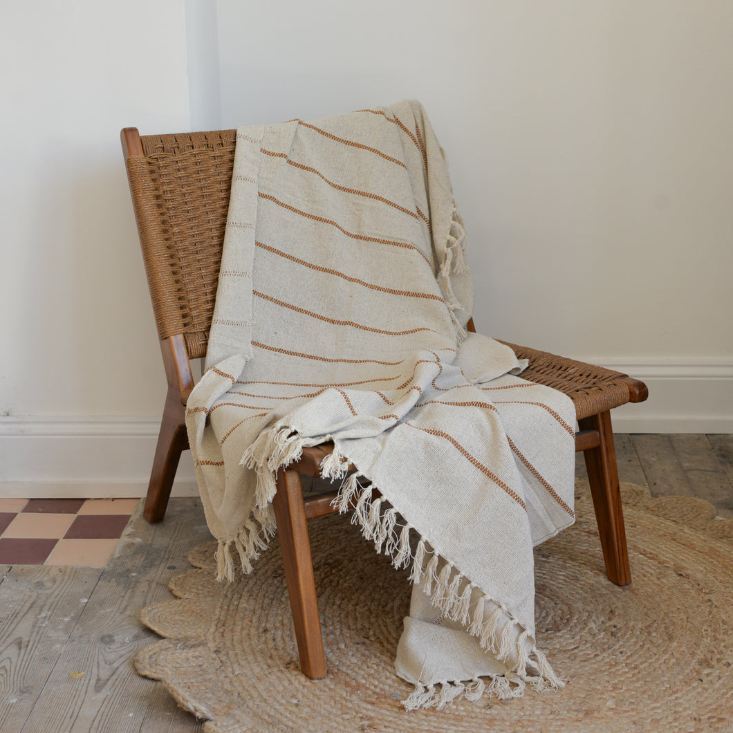 Natural Cotton Throw With Brown Stripes