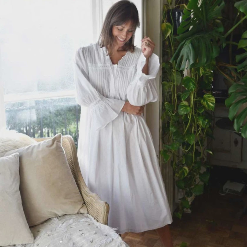 White Cotton Long Sleeved Broderie Anglaaise Nightdress