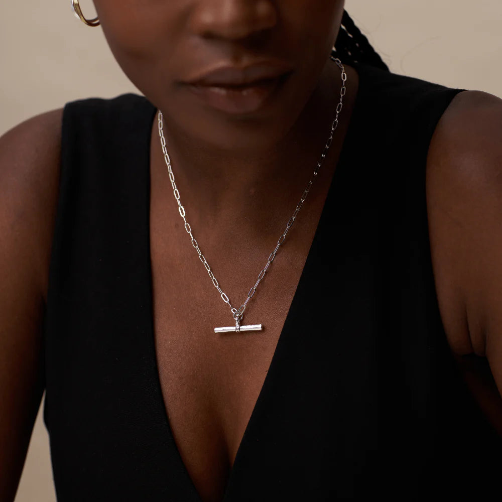 Chunky T-Bar Mid Length Chain Necklace / 925 Silver Plated