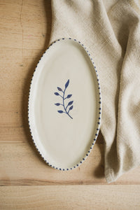 Handpainted Botanic Stripe Oval Plate / Ink Blue