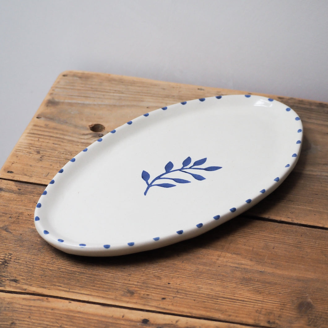 Handpainted Botanic Stripe Oval Plate / Ink Blue
