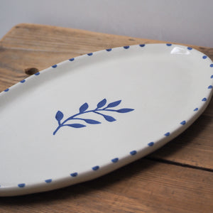 Handpainted Botanic Stripe Oval Plate / Ink Blue