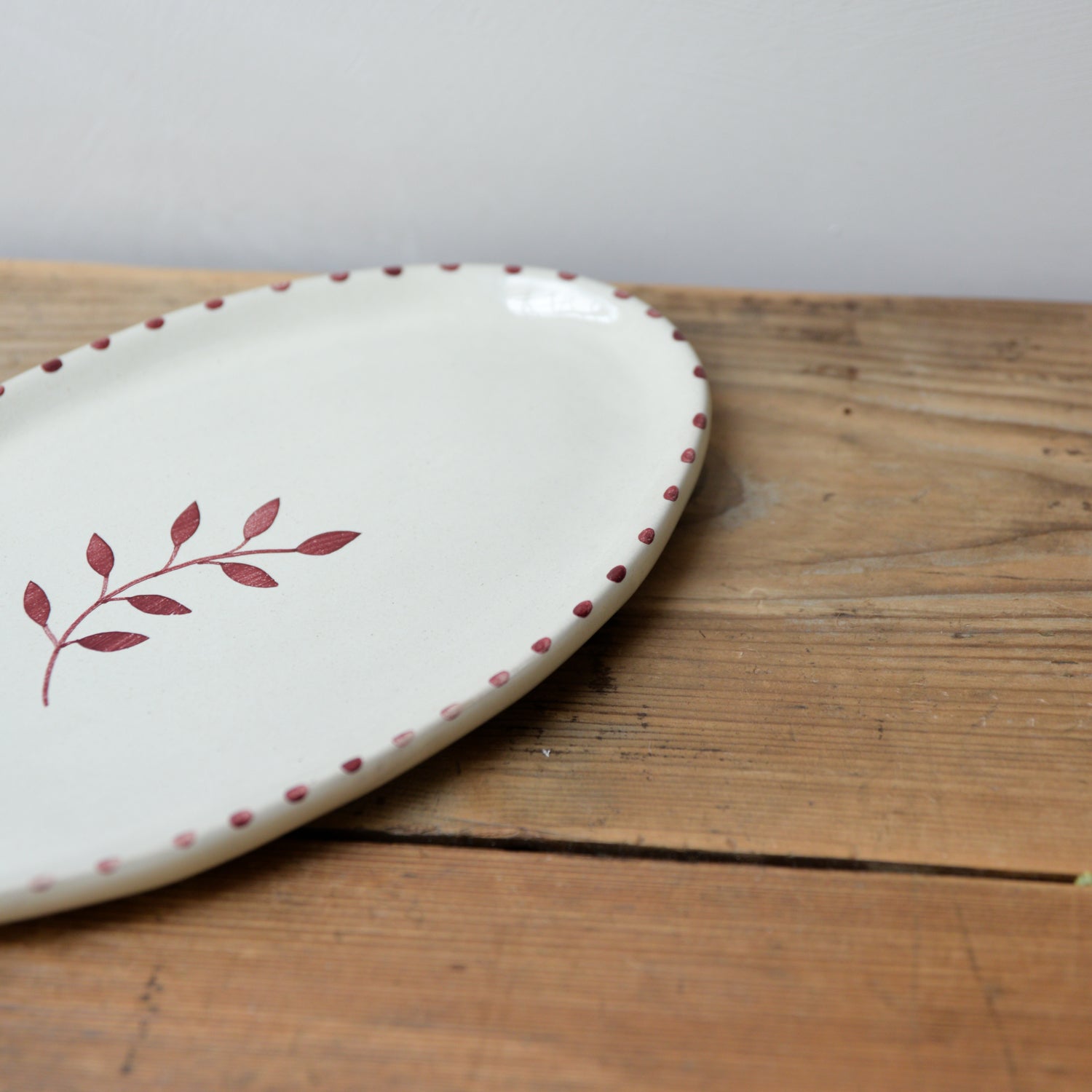 Handpainted Botanic Stripe Oval Plate / Brick Red