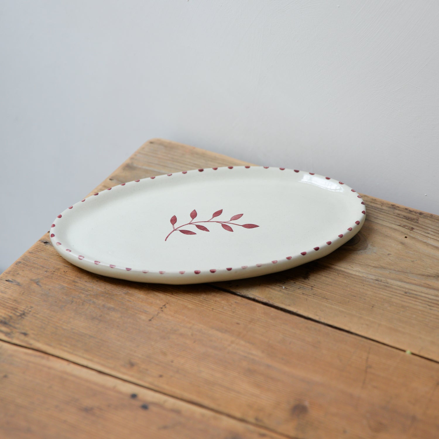 Handpainted Botanic Stripe Oval Plate / Brick Red