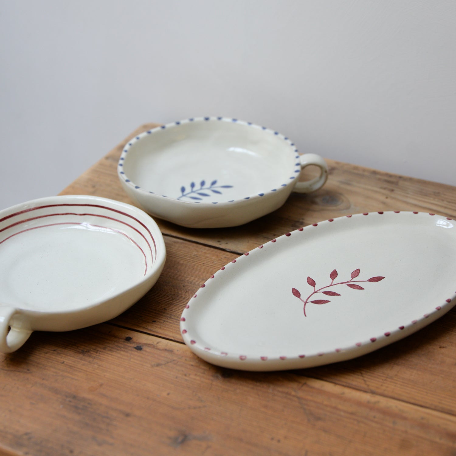 Handpainted Botanic Stripe Oval Plate / Brick Red