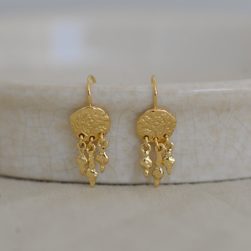 Stefania Floral Pendant Hook Earrings in Gold