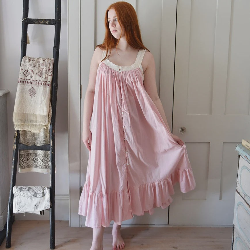 Pink Cotton Lace Trim Long NIghtdress