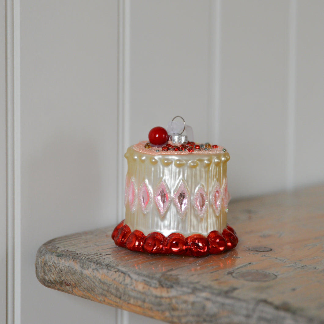 Glass Cake Tree Ornament With Cherry