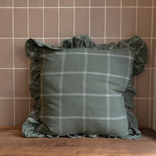 Load image into Gallery viewer, Alma Green Square Ruffle Edge Cushion Check Pattern