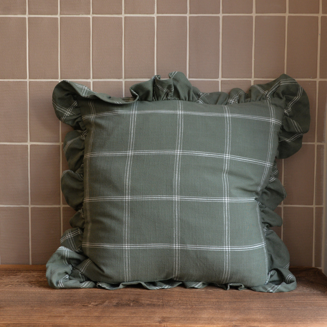 Alma Green Square Ruffle Edge Cushion Check Pattern