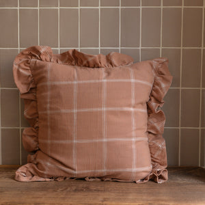 Alma Pink Square Cushion Ruffle Edge Check Pattern