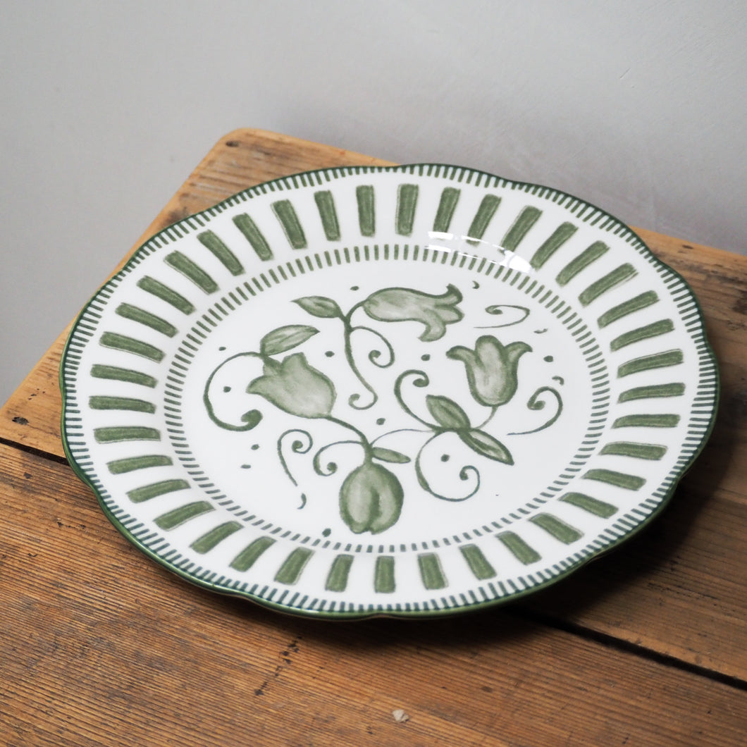 French Porcelain Scalloped Floral Lunch Plate / Green