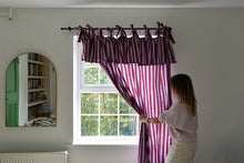 Load image into Gallery viewer, Pair of Ruffle Topped Red and Lilac Striped Curtains