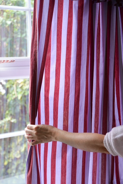 Pair of Ruffle Topped Red and Lilac Striped Curtains
