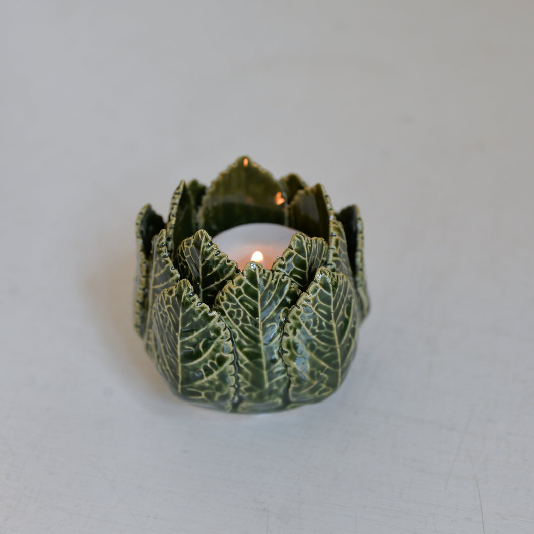 Nea Leaf Ceramic Candle Holder / Green