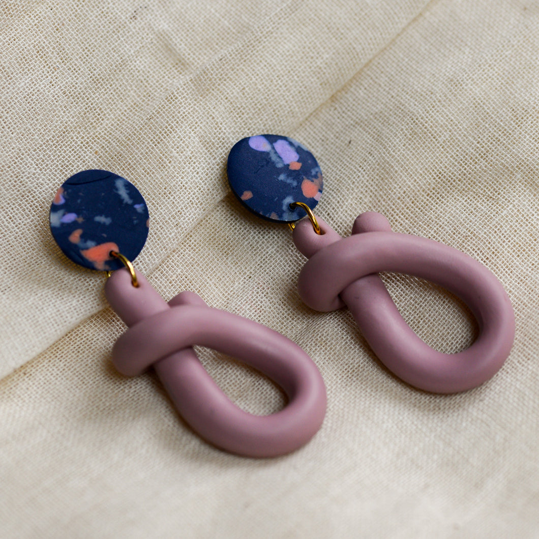 Blue Stud and Pink Knot Drop Clay Earrings