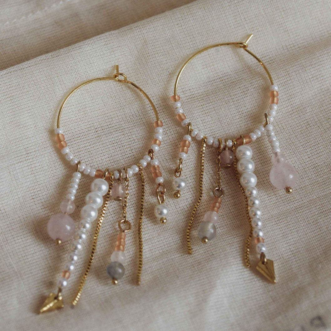 Nomad Gold Plated Beaded Bohemian Earrings with Rose Quartz