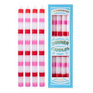 Hand Painted Striped Dinner Candles / Pink and Red