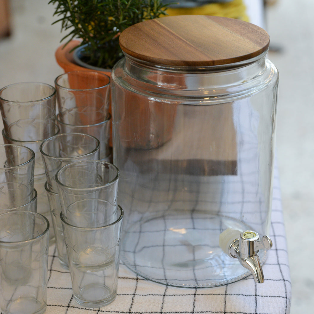 Glass Drinks Dispenser With Wooden Lid
