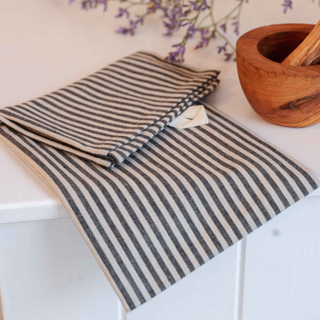 Tea Towel in Black and Beige Stipe Cotton