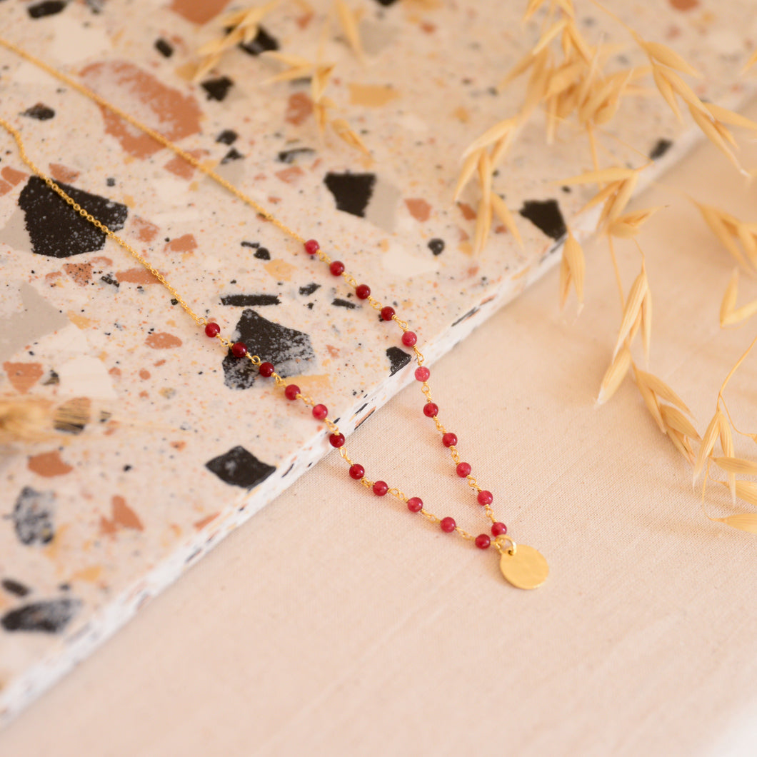 Red Beaded Coin Charm Necklace in Gold