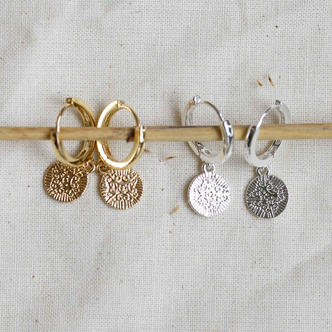 Pilgrim Nomad Coin Hoop Earrings in Gold or Silver