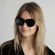 Load image into Gallery viewer, Tulia Cat-Eye Sunglasses in Black Glossy Frame with Smokey Lense
