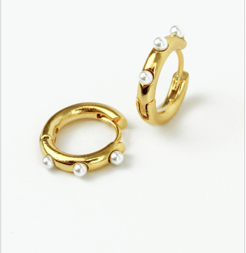 Triple Pearl Gold Huggie Hoop Earrings