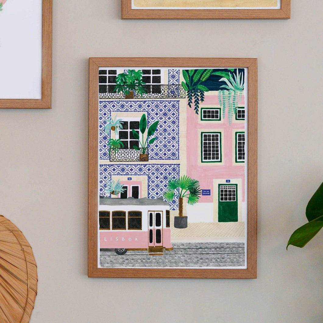 All the ways to say illustrated print Lisbon street scene with detailed tile building in blue and pink pastel colours