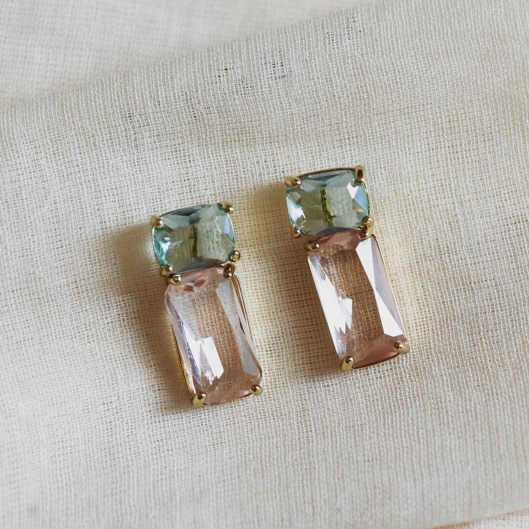 Kim Crystal Drop Stone Earrings in Green Pink