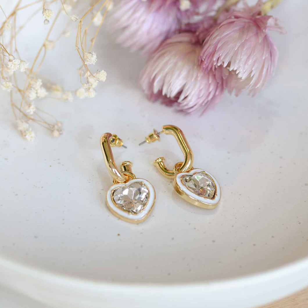 Big Metal London Grace Stone Heart Earrings in Gold and White Crystal