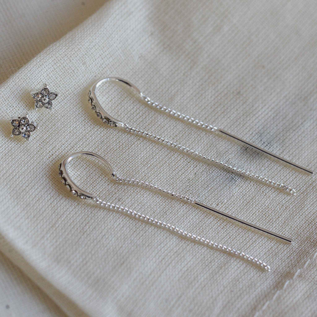 Rebecca Silver Plated Chain and Stud Pull Through Earrings