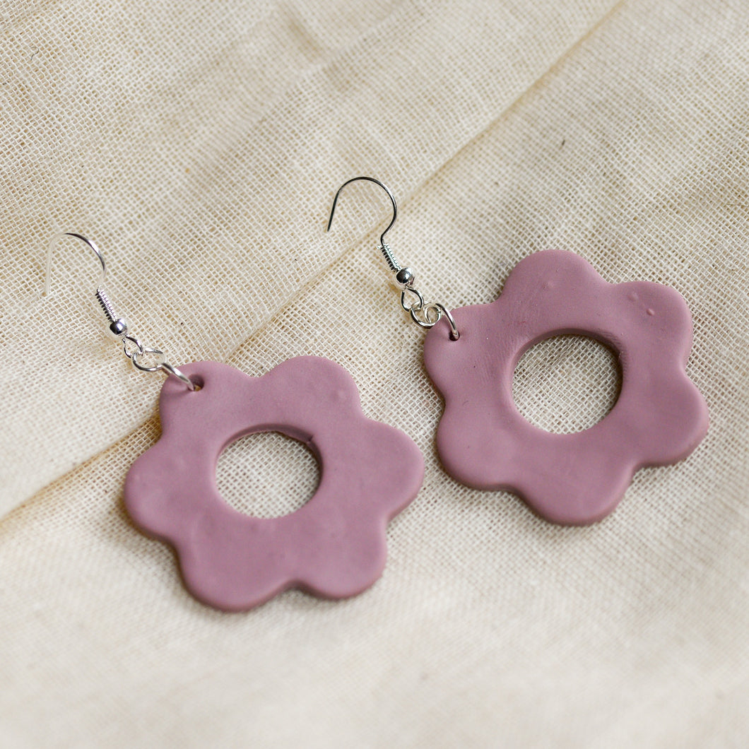 Pink Flower Dangle Clay Earrings